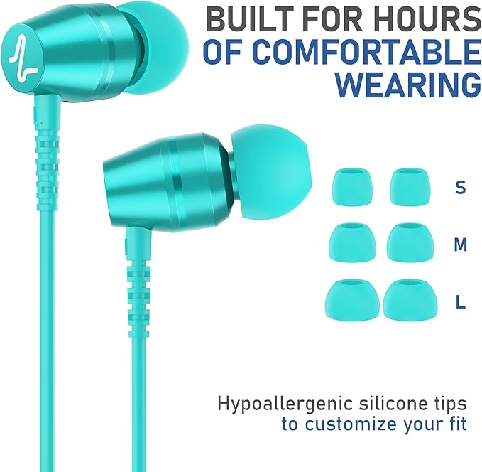 LUDOS OMNITONE Wired Earbuds in-Ear Headphones, 5 Years Warranty, Earphones with Microphone, 3.5 mm Jack Corded Ear Buds, Videoconference for iPhone, Samsung, Laptop, Kids, School Students - Turquoise