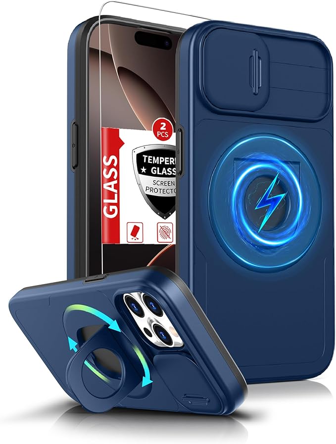 for iPhone 16 Pro Case Magnetic Compatible with MagSafe Wireless Charging with 2 Screen Protectors,Case Built-in Kickstand Ring Camera Heavy Duty Protection Military Grade Drop Shockproof Blue
