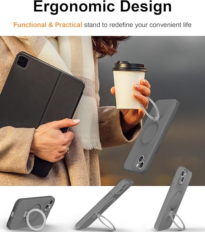 ZHK Liquid Silicone Designed for iPhone 14 Plus Case with Magnet Stand, [Precise Camera Lens Protection][Mil-Grade Drop Shockproof][Soft Anti-Scratch Microfiber Lining] Slim Fit Cover, Grey