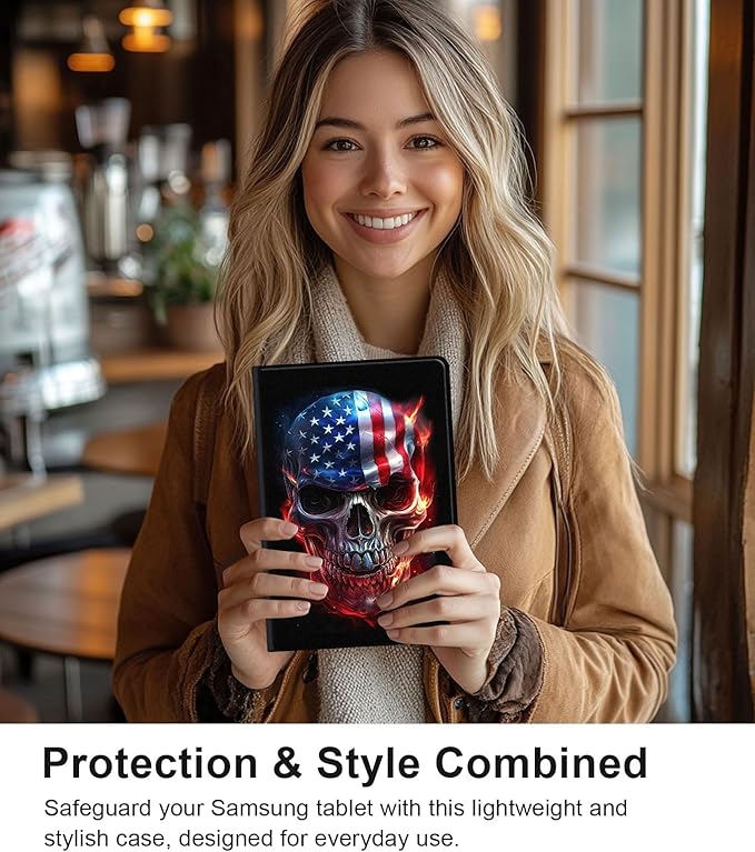 Case for Samsung Galaxy Tab S10 Plus/ S9 FE Plus/ S9 Plus 5G Tablet 12.4'', Slim PU Leather Stand Cover with Auto Wake/Sleep, Multi-Angle Viewing & Shockproof, Skull American Flag