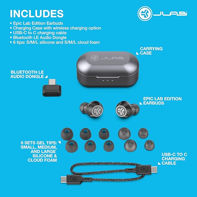 JLab Epic Lab Edition True Wireless Earbuds, Hybrid Dual Drivers, Spatial Audio, Multipoint BT, Wireless or USB-C Charging, Wear Detect Auto Play/Pause, Google Fast Pair