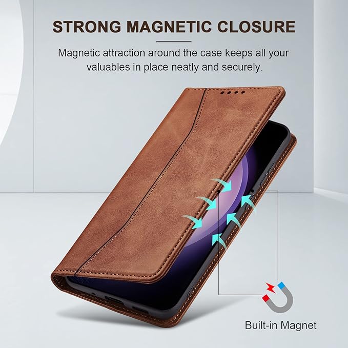 Jasonyu Flip Wallet Case for Samsung Galaxy S23 Plus/S23+ 5G,Leather Magnetic Folio Cover with Card Holder,Kickstand - TPU Shockproof Durable Protective Phone Case,Brown