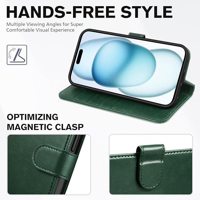 TUCCH Case Wallet for iPhone 15 6.1", Protective [TPU Shockproof Inner Shell], Kickstand PU Leather RFID Blocking [4 Card Holder] Magnetic Closure Cover Compatible with iPhone 15 5G, Dark Green