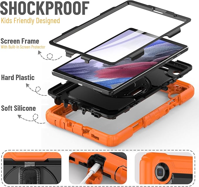 HXCASEAC Case for Samsung Galaxy Tab A7 Lite, Protective with Screen Protector/Hand Strap/Pen Holder, Sturdy A7 Lite Tablet Case, SM-T220 SM-T225 SM-T227, Orange