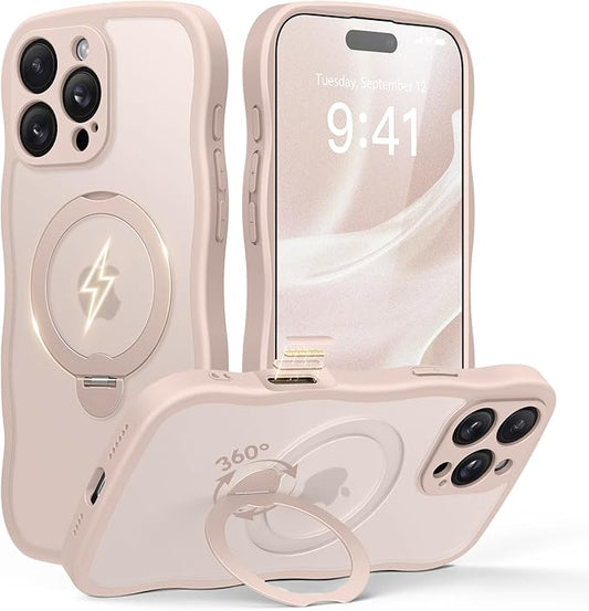 GolbinBox for iPhone 16 Pro Case for Women,[Compatible with Magsafe][360° Spin Magnetic Stand][Cute Wave Edge][Military-Grade Protection] Translucent Matte Phone Case for iPhone 16 Pro, Rose Gold