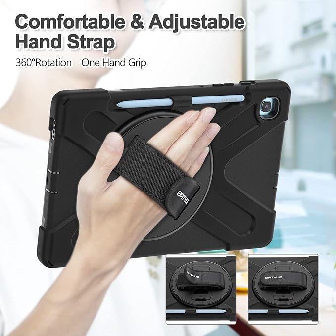 BATYUE Case for Samsung Galaxy Tab S6 Lite 10.4 Inch 2024/2022/2020 (SM-P610/P613/P615/P619/P620/P625/P627), Protective Cover with Pencil Holder, Shoulder Strap, Hand Strap, Kickstand (Black)