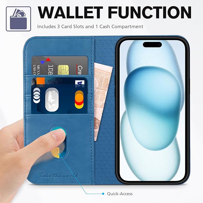 TUCCH Case for iPhone 15 Wallet Case 6.1", Kickstand PU Leather Folio Cover with RFID Blocking 3 Card Slots, Stand Book Design [Shockproof TPU Interior Case] Compatible with iPhone 15 2023, Light Blue
