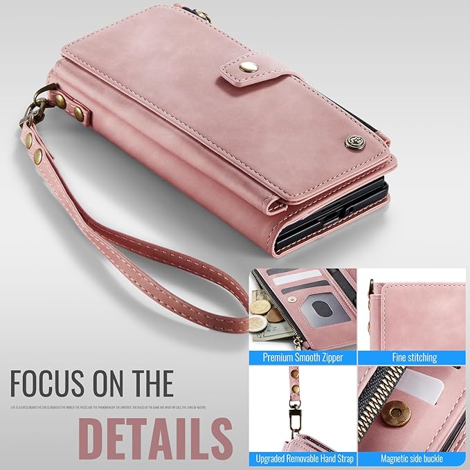 Vinich for Samsung Galaxy Z Fold 7 Wallet Case with Card Holder, Detachable Strap RFID Blocking Credit Slots Kickstand Shockproof Phone Cover for Women Men, Rose Pink