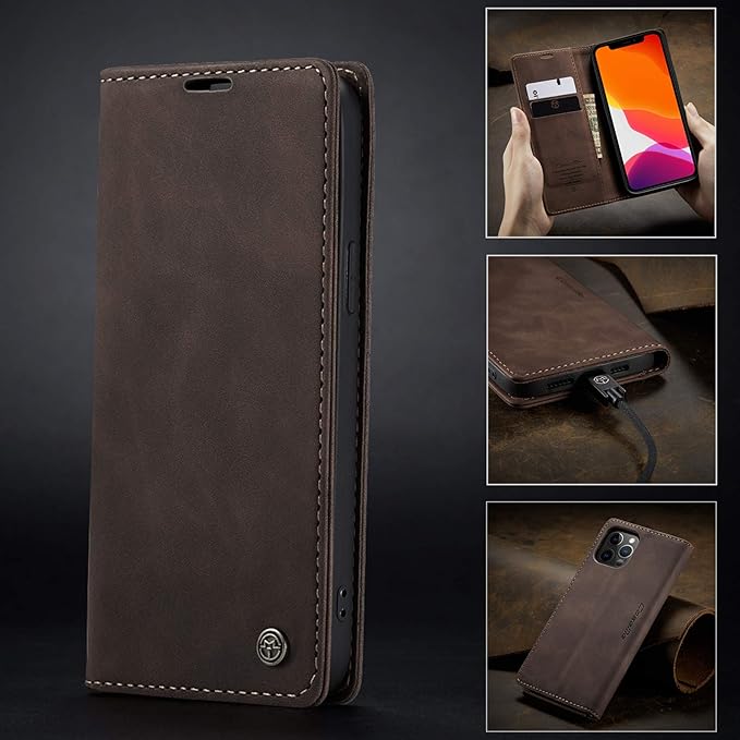 for iPhone 12 Pro Max Case, Flip Wallet Leather Case with Card Holder Magnetic Closure Shockproof Kickstand Protective Phone Cases Cover for iPhone 12 Pro Max, Coffee