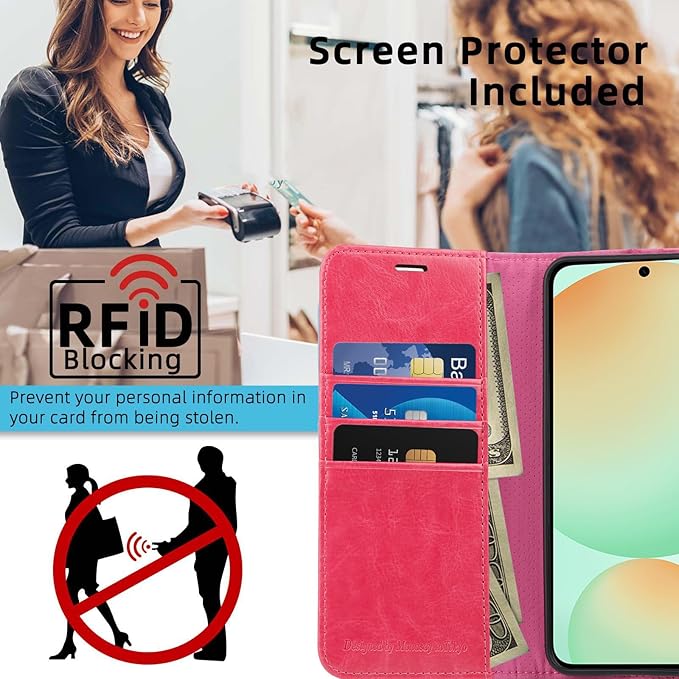 MONASAY Wallet Case Fit for Samsung Galaxy S24 FE 6.1 inch 5G,[RFID Blocking] Flip Folio Leather Cell Phone Cover with Credit Card Holder, Hot-Pink