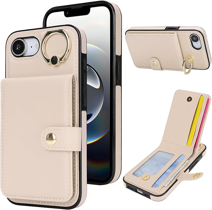 Compatible iPhone 16e Wallet Case with Card Holder RFID Blocking PU Leather Doubles as a Wallet Unisex Flip Shockproof Protection with Card Slots Ring Wrist Kickstand Function,White