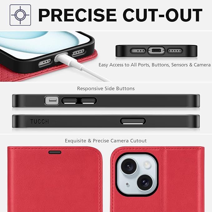 TUCCH Wallet Case for iPhone 15 6.1", [RFID Blocking] [4 Card Slots] TPU Interior Protective Case, Magnetic Closure Folio Shockproof PU Leather Stand Flip Cover Compatible with iPhone 15 5G 2023, Red