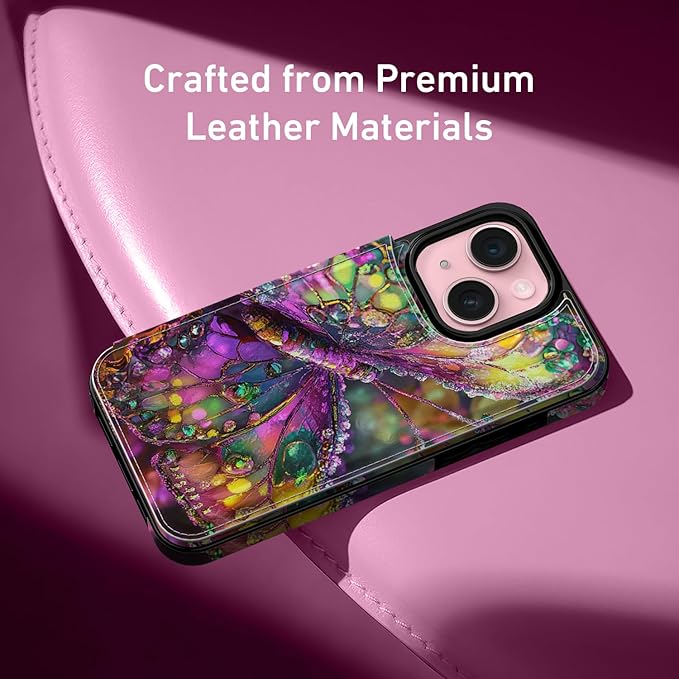 FUNMIKO for iPhone 14 Wallet Case with Card Holder, RFID-Blocking, Military-Grade Protection & UV-Printed Artwork, Magnetic Closure with Leather Kickstand - Vibrant Elegant Butterfly