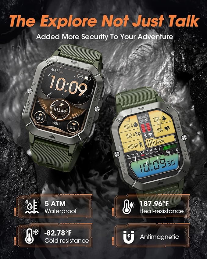 Military Smart Watches for Men (Answer/Make Calls), Waterproof Rugged Fitness Tracker with Blood Pressure/Heart Rate/SpO2/Sleep, Bluetooth Tactical Smart Watch for Android and iPhone, Military Green