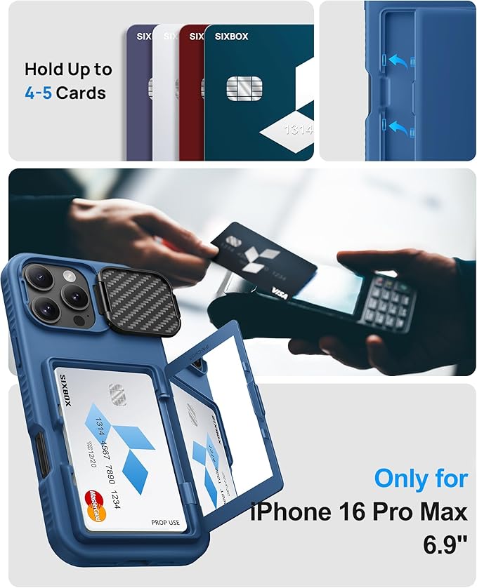 for iPhone 16 Pro Max Case with Card Holder & Kickstand, Built-in Camera Lens Cover, Shockproof Rugged Silicone Raised Edge Protective Stand Wallet Phone Cover Case for 16 Pro Max 6.9", Blue