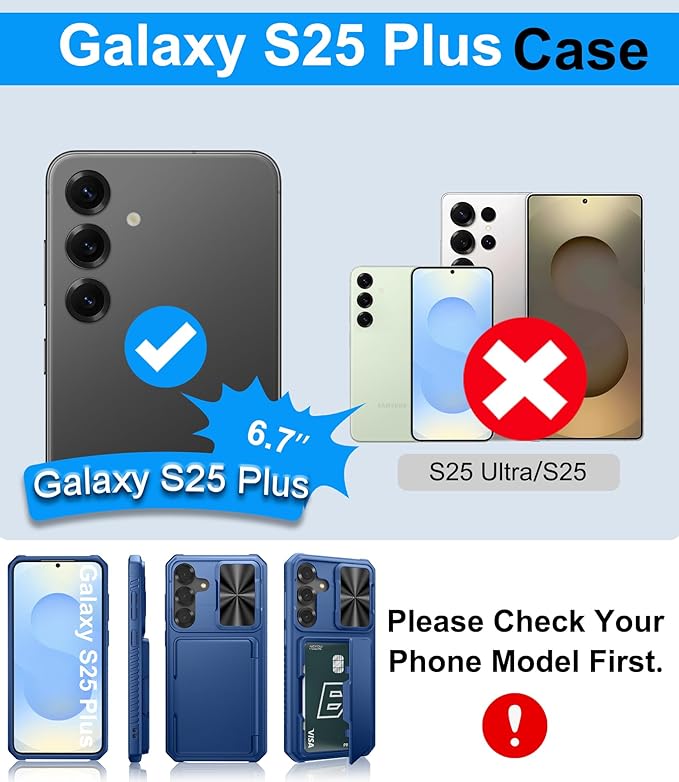 for Samsung Galaxy S25+ Plus Wallet Case, Card Holder (4-5 Cards), RFID Block, Slide Lens Cover, Military Drop Protection, Heavy Duty Men Women Protective Phone Cases for Galaxy S25+ Plus, Blue