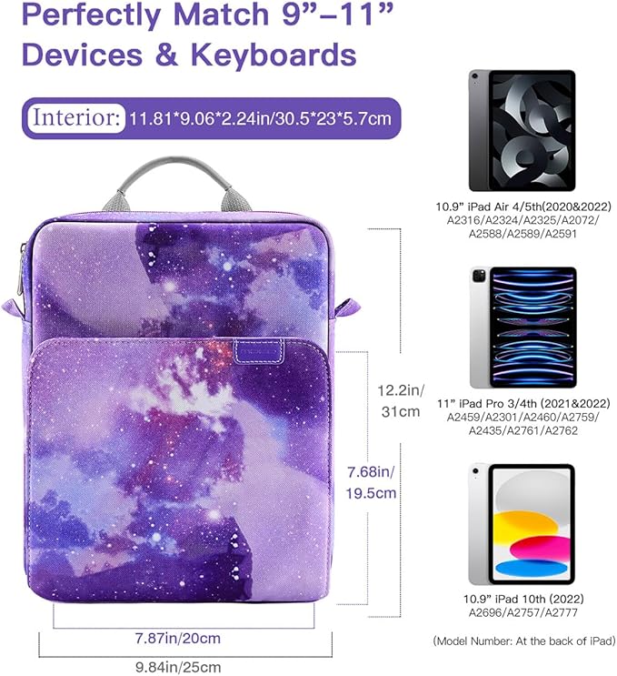 MoKo 9-11 Inch Tablet Sleeve Bag Handle Carrying Case with Shoulder Strap Fits 11inch iPad Air M3, iPad A16 2025, iPadPro 11", iPad109/8/7th Gen 10.2, Air 5/4th 10.9, Tab S8/S9 11",Purple Starry