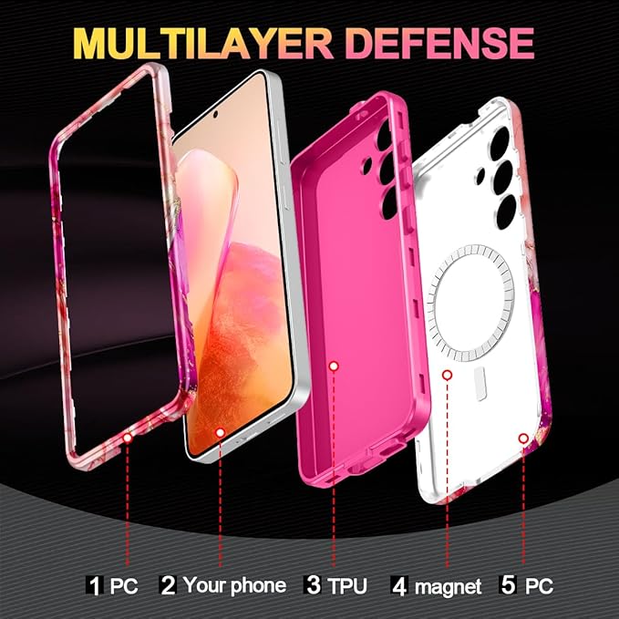 Casetego for Galaxy S25 Case,Compatible with MagSafe,[Military Grade Drop Test] Full Body Protection Slim Shockproof Rugged Marble Women Case for Samsung Galaxy S25 6.2 inch,Ruby Red