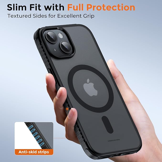 UNBREAKcable Magnetic Case for iPhone 15, [Compatible with MagSafe] [Military Grade Shockproof] [Non-Slip] Translucent Matte Back Soft Silicone Protective Case for iPhone 15, Black