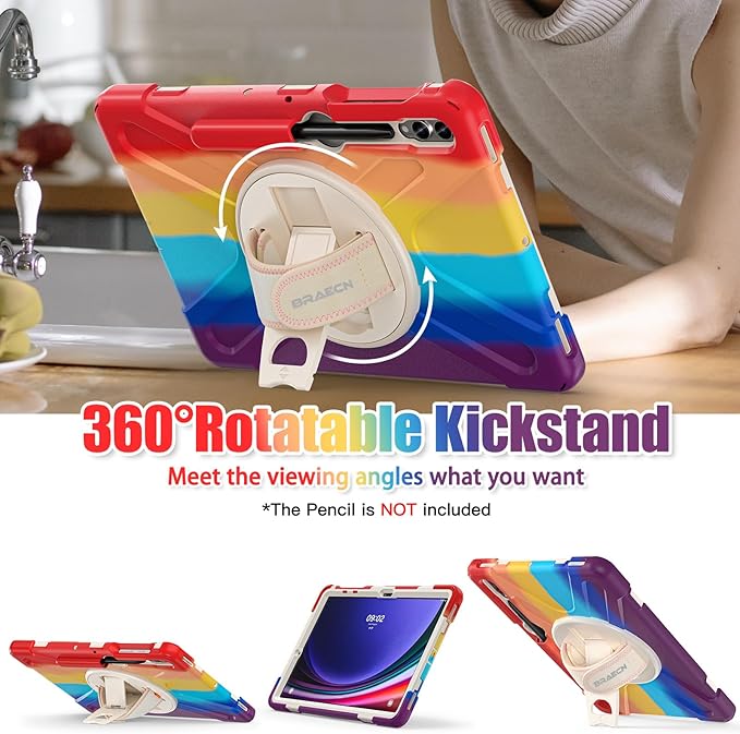 BRAECNstock Kids Case for Samsung Galaxy Tab S10+ Plus/ S9 FE+ Plus/ S9+ Plus/ S8+ Plus/ S7 FE/ S7+ Plus 5G 12.4" Shockproof Protective Cover with Pen Holder Rotating Hand Strap & Stand - Colorful Red