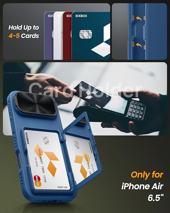 for iPhone Air Case with Card Holder, Built-in Stand & Camera Lens Cover, Shockproof Rugged Silicone Bumper Raised Edge Protective Wallet Phone Cover Case for iPhone Air Case 6.5" 2025, Blue