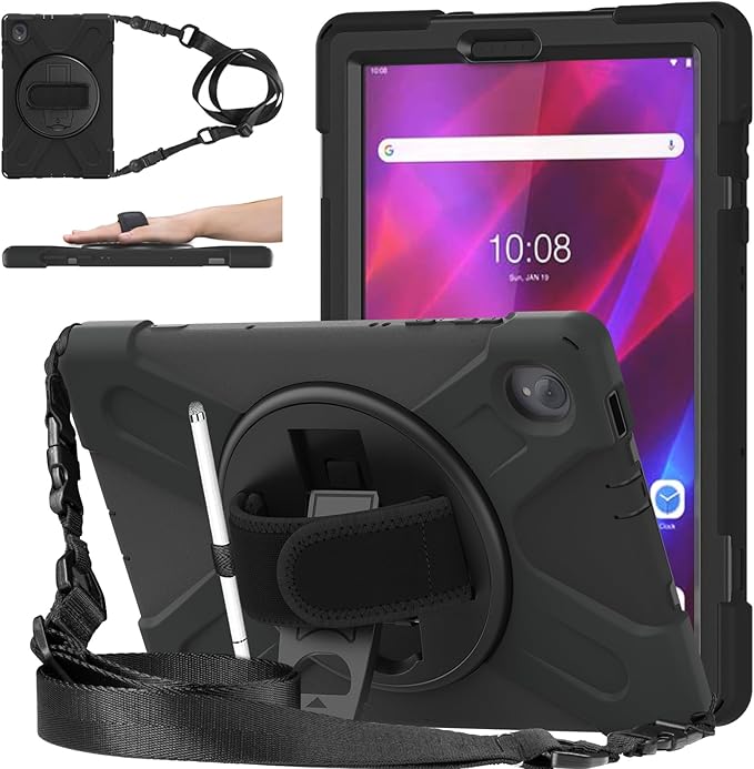 DreamerX Kids Case for Lenovo Tab K10 2021 / M10 FHD Plus 2nd Gen 10.3-inch 2020, Rugged Silicone Case Cover with Stand Hand/Shoulder Strap for 10.3" Tab K10 TB-X6C6L TB-X6C6F M10 Plus TB-X606F, Black