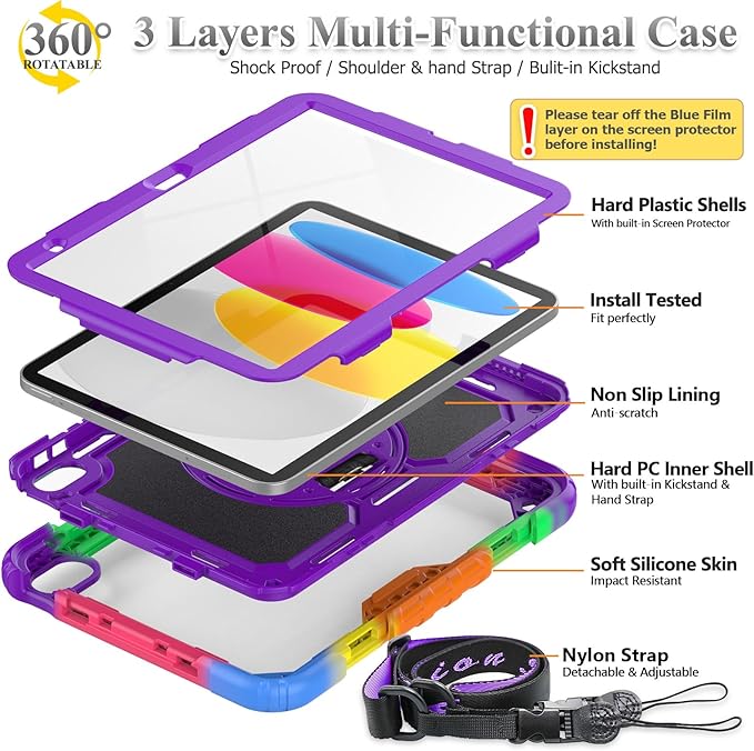 SEYMAC stock Case for iPad (A16) 11th/10th Generation 11''/10.9'' 2025/2022, Full-Body Drop Protection Case with Screen Protector &360° Rotate Hand Strap/Stand, Purple+Colorful