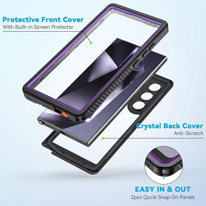 Lanhiem for Samsung Galaxy S24 Ultra Case, IP68 Waterproof Dustproof, Built-in Screen Protector, Rugged Full Body Shockproof Protective Cover for Galaxy S24 Ultra 5G 6.8 Inch, Purple/Clear