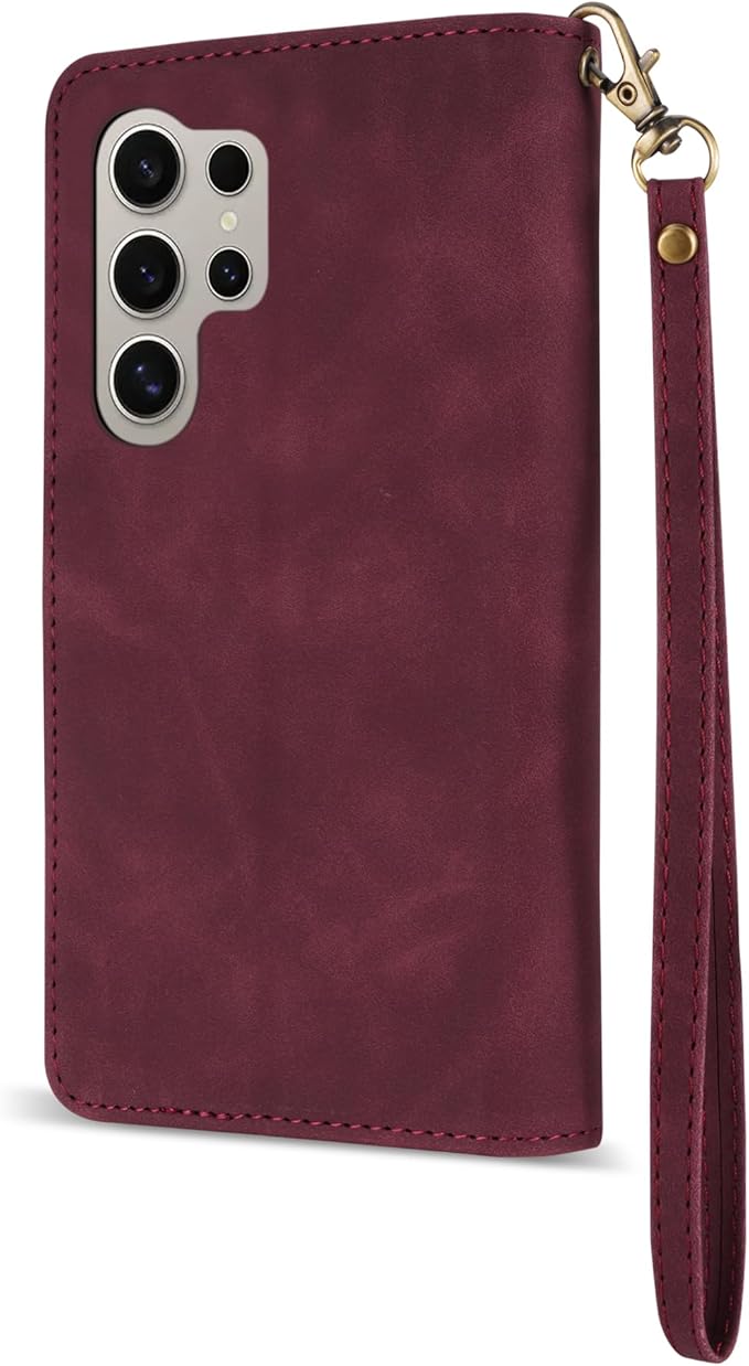ZZXX for Samsung Galaxy S24 Ultra Wallet Case with RFID Blocking Card Slot PU Leather Zipper Flip Folio with Strap Kickstand Protective Cover for Galaxy S24 Ultra Case Wallet(Wine Red-6.8 inch)