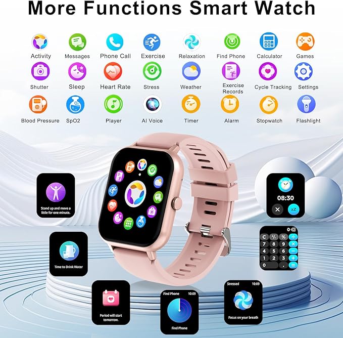 Smart Watch for Men Women Compatible with IOS Android Phone, 1.83" Full Touchscreen IP68 Waterproof Smart Watches,Fitness Tracker with Make/Recive Call 123+ Sport Modes Heart Rate/Sleep Monitor,Pink