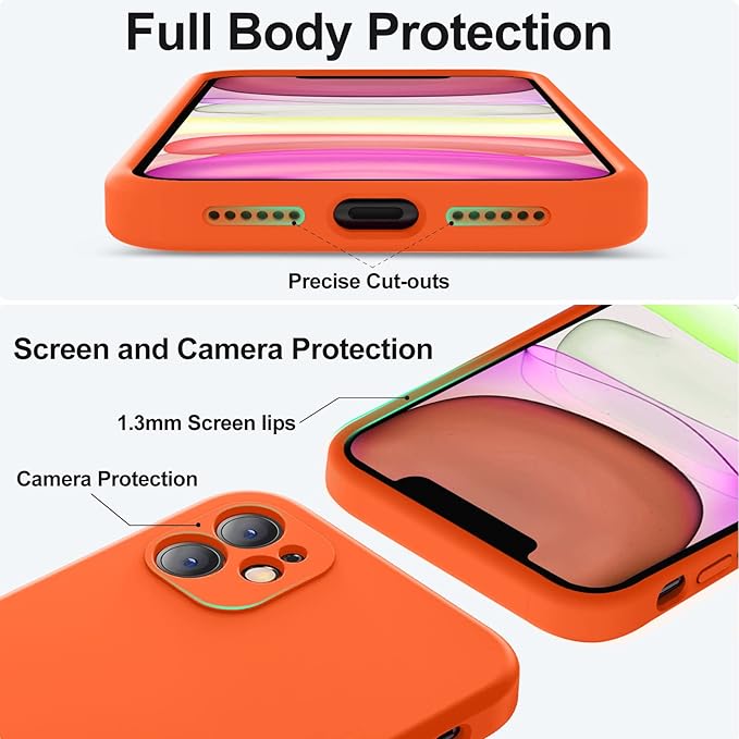 Vooii Compatible with iPhone 11 Case, Upgraded Liquid Silicone with [Flat Edges] [Camera Protection] [Soft Anti-Scratch Microfiber Lining] Phone Case for iPhone 11 6.1 inch - Neon Orange
