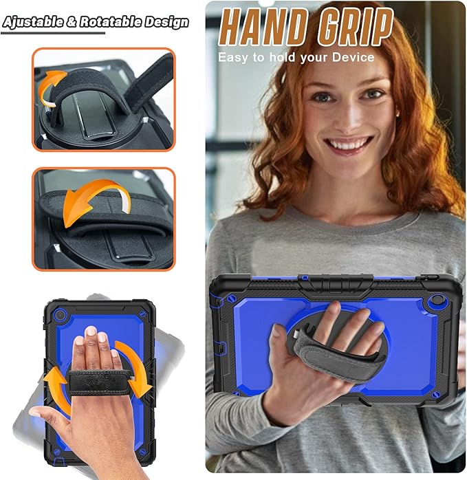 Herize Case for Tab M10 Plus Gen 3 with Screen Protector | Lenovo M10 Plus Case TB125FU/TB128FU/TB128XU with 360 Swivel Stand and Hand Strap | Heavy Duty Blue Cover