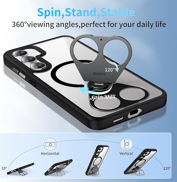 for Samsung Galaxy S24 Case,Compatible with Magsafe,with 360°Rotatable Magnetic Ring Stand Clear Slim Soft Edge Phone Kickstand,Clear & Black