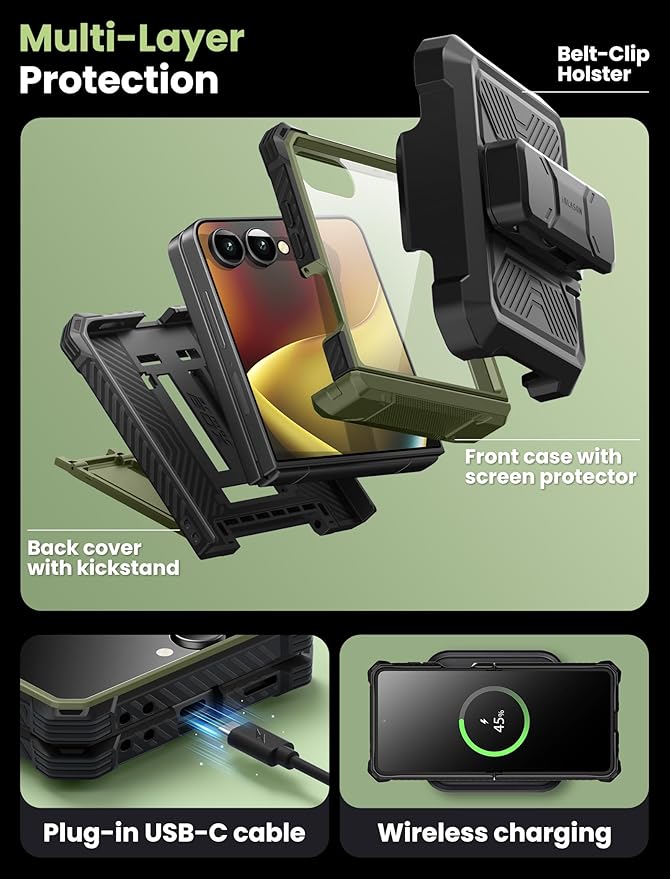 i-Blason for Samsung Galaxy Z Flip 7 Case with Stand, [Tempered Glass Screen Protector] [Hinge Protection] [Belt-Clip], Full-Body Military Protection Phone Case for Samsung Z Flip 7, Armorbox, Green