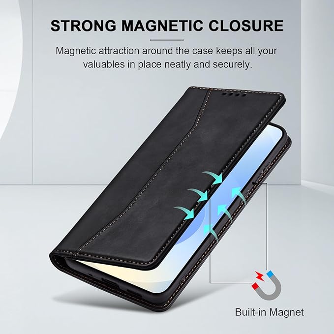 Jasonyu Flip Wallet Case for Samsung Galaxy S25,Leather Magnetic Folio Cover with Card Holder,Kickstand - TPU Shockproof Durable Protective Phone Case,Black