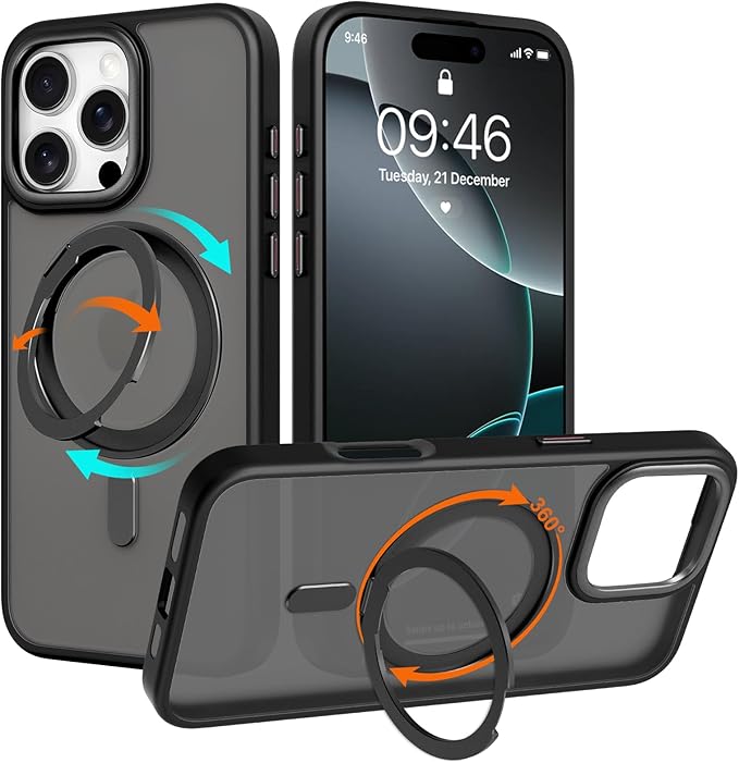 ZIYE Magnetic Case for iPhone 16 Pro Case with Stand [Compatible with MagSafe] Slim Shockproof Military Grade Heavy Duty Cover with 360 Rotatable Ring Kickstand for Women Men, Translucent Black