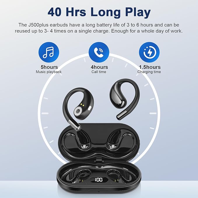 Open Ear Clip Wireless Earbuds Bone Conduction Headphones, Bluetooth 5.4, Open Ear Design, Built-in Mic, IPX5 Waterproof, LED Display Charging Case,Ear Hooks Ear Buds,Design for Running Fitness Black