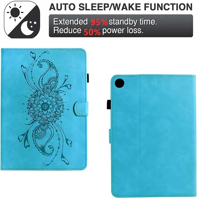 Mandala Flower Case Compatible with Galaxy Tab A9+ Plus 11 Inch 2024 2023 (SM-X210/X216/X218), Cute Elegant Embossed Suede Leather Folio Stand Case Protective Cover with Auto Wake/Sleep, SkyBlue