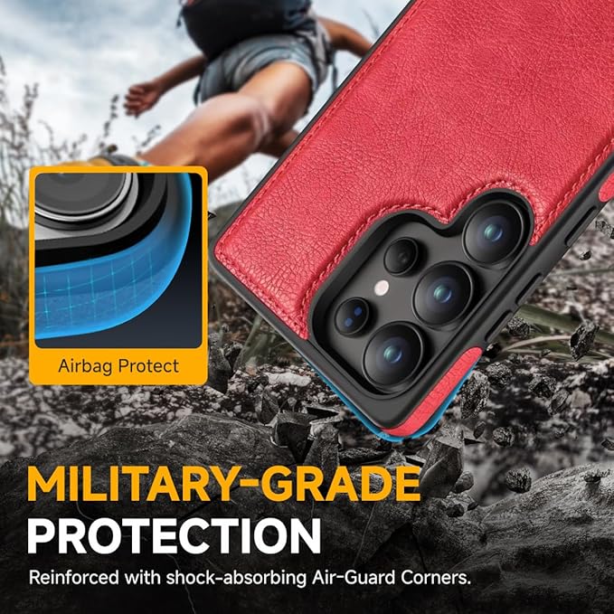 for Galaxy S25 Ultra Leather Case, Built-in Foldable Alloy Stand, with Camera Lens and Screen Protector, Slim Shockproof Kickstand Phone Cover 2025 (Red)