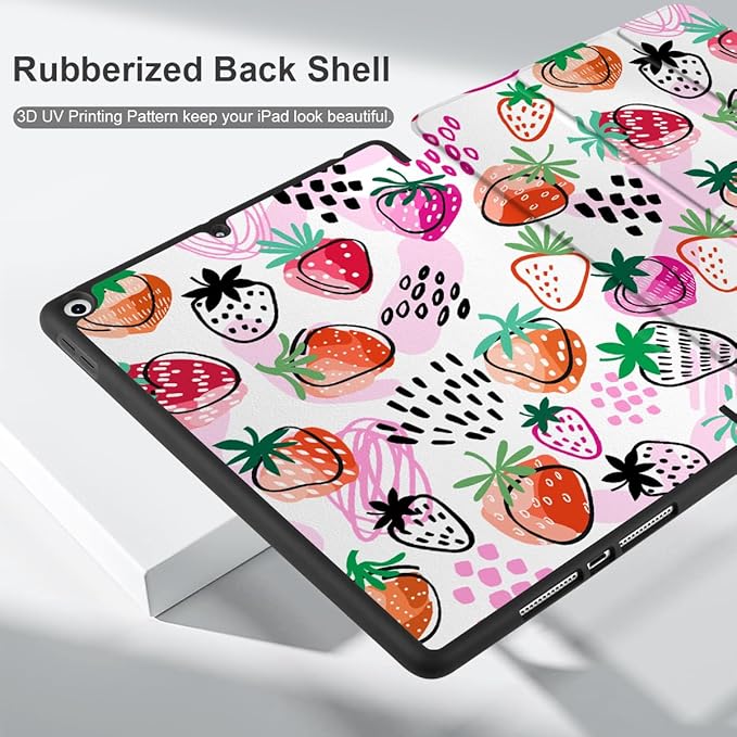 DONGKE Case Compatible with iPad 10.2 Inch 2021 2020 2019 iPad 9th/8th/7th Generation with Pencil Holder, Slim Stand Protective Case with Soft TPU Back, Auto Sleep/Wake Cover, Strawberrys