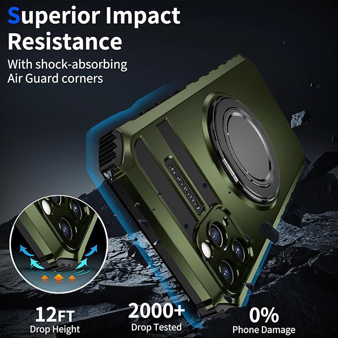 for iPhone 11 Pro Max Case Magnetic Compatible with Wireless Charging,11 Pro Max Case with 2 Screen Protector,Built-in Kickstand Ring Military Grade Drop Shockproof Heavy Duty Protection Green