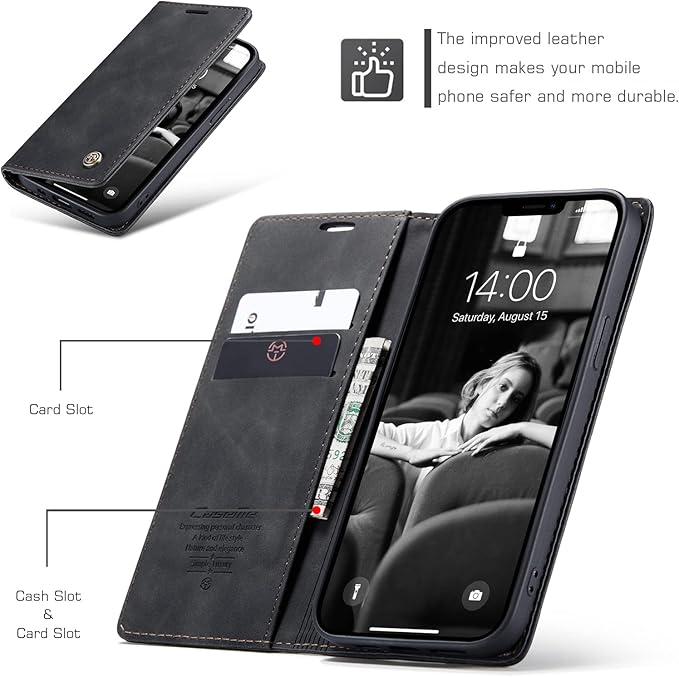 for iPhone 13 Case, Flip Wallet Leather Case with Card Holder Magnetic Closure Shockproof Kickstand Protective Phone Cases Cover for iPhone 13, Black