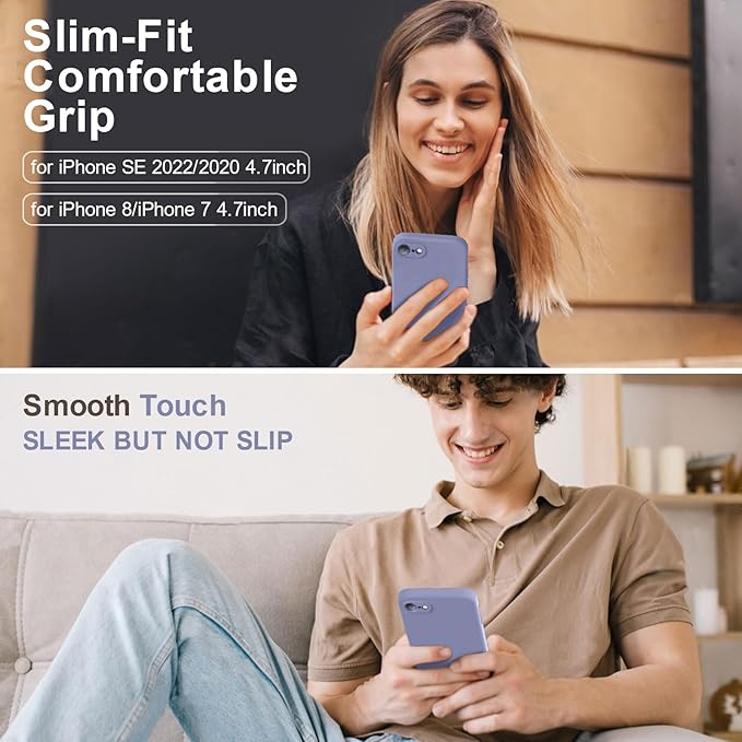 Vooii for iPhone SE Case 2022/3rd/2020,iPhone 8/7 Case, Upgraded Liquid Silicone with [Flat Edges] [Camera Protection] [Soft Anti-Scratch Microfiber Lining] Phone Case for iPhone SE - Lavender Grey