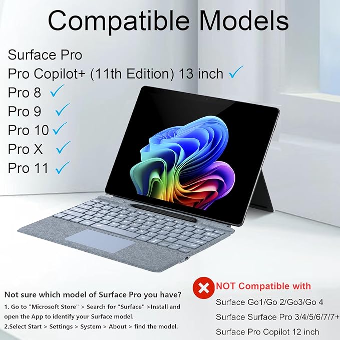 mobee Type Cover for Microsoft Surface Pro 13 inch, Compatible with Surface Pro 13"(11th Edition) / Pro 11 / Pro 10 / Pro 9 / Pro 8 / Pro X, Slim Keyboard with Trackpad Mouse, Backlit, & Pen Holder