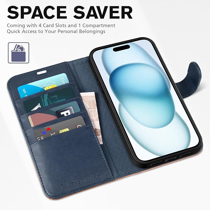 TUCCH Case Wallet Compatible with iPhone 15 6.1", Protective [TPU Shockproof Inner Shell], PU Leather [RFID Blocking] [4 Card Holder] Magnetic Closure Stand Flip Cover, Dark Blue & Light Brown