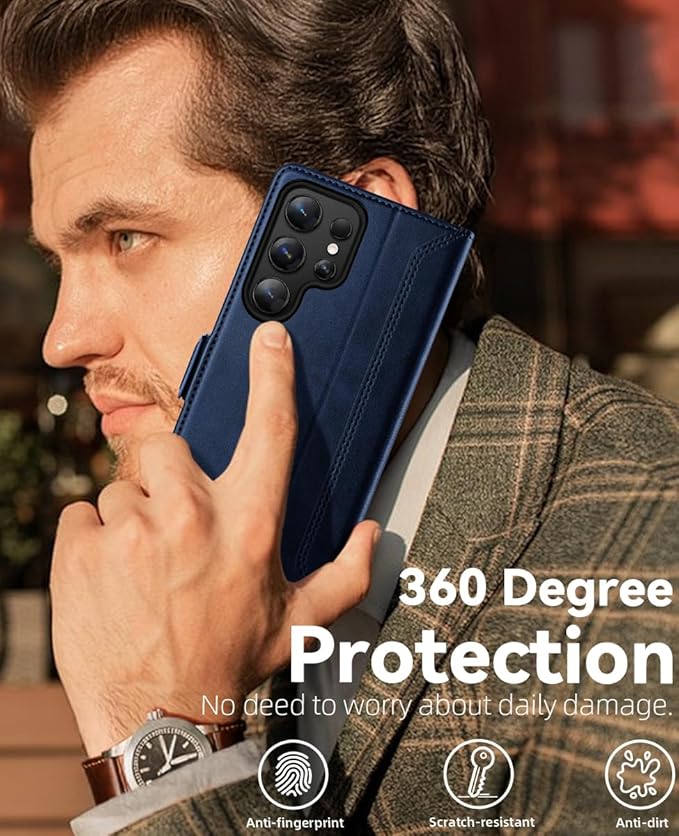 OCASE Compatible with Galaxy S25 Ultra Wallet Case, PU Leather Flip Folio Case with Card Holders RFID Blocking Kickstand [Shockproof TPU Inner Shell] Protective Phone Cover 2025, Retro Blue