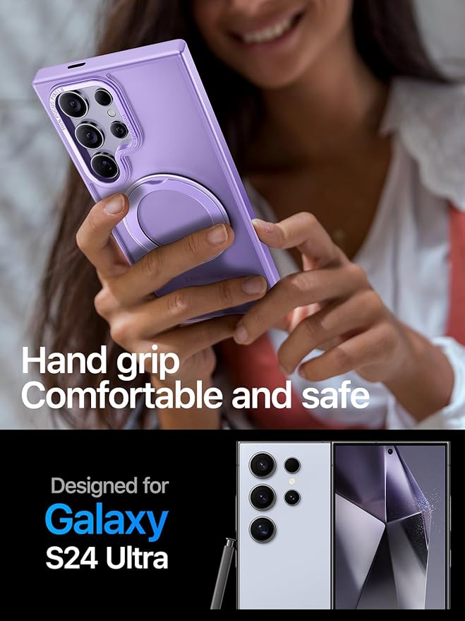 QTlier Phone case for Galaxy S24 Ultra- 360 Rotatable Magnetic Ring Stand, Military-Grade Protection, Raised Camera Frame Lilac