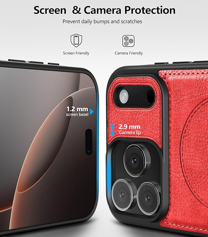 Magnetic for iPhone 17 Pro Leather Case,Built-in Invisible Stand [Compatible with Magsafe] Protective Slim Kickstand Phone Cover for iPhone 17 Pro Case, Red