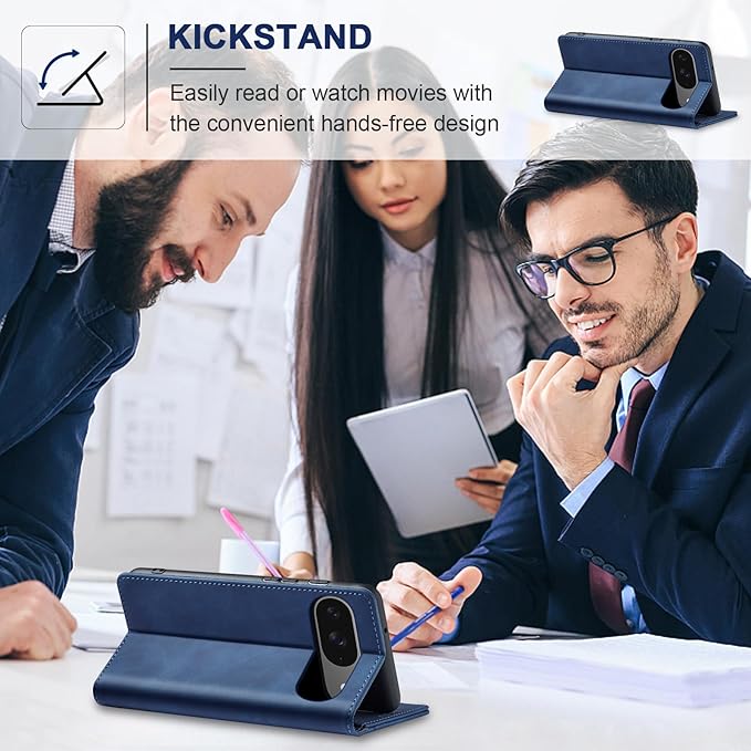 Jasonyu Flip Wallet Case for Google Pixel 9/9 Pro,Leather Magnetic Folio Cover with Card Holder,Kickstand - TPU Shockproof Durable Protective Phone Case,Blue