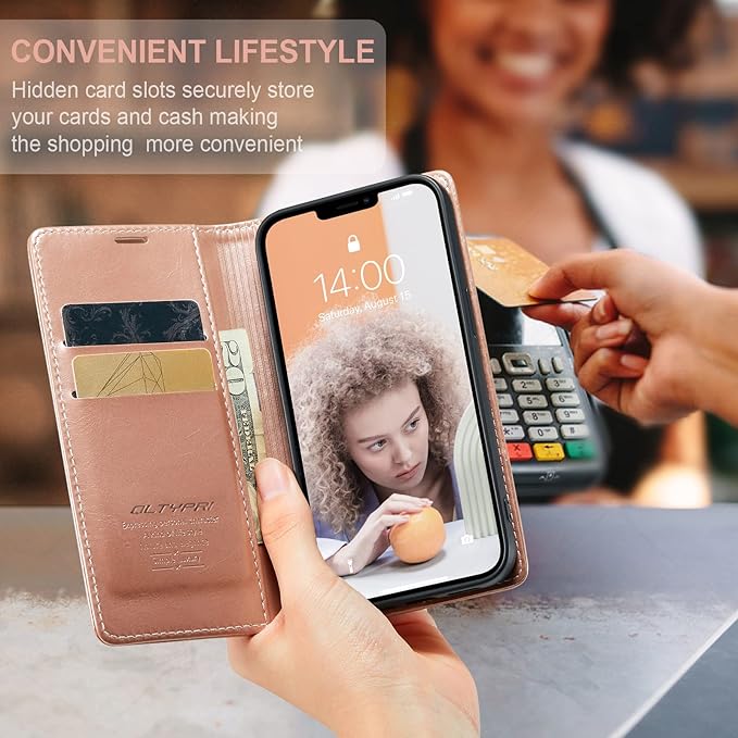 QLTYPRI Case for iPhone 14, Vintage PU Leather Wallet Case Card Slot Kickstand Magnetic Closure Shockproof Flip Folio Book Case Cover for iPhone 14(6.1 inch) - Rose Gold